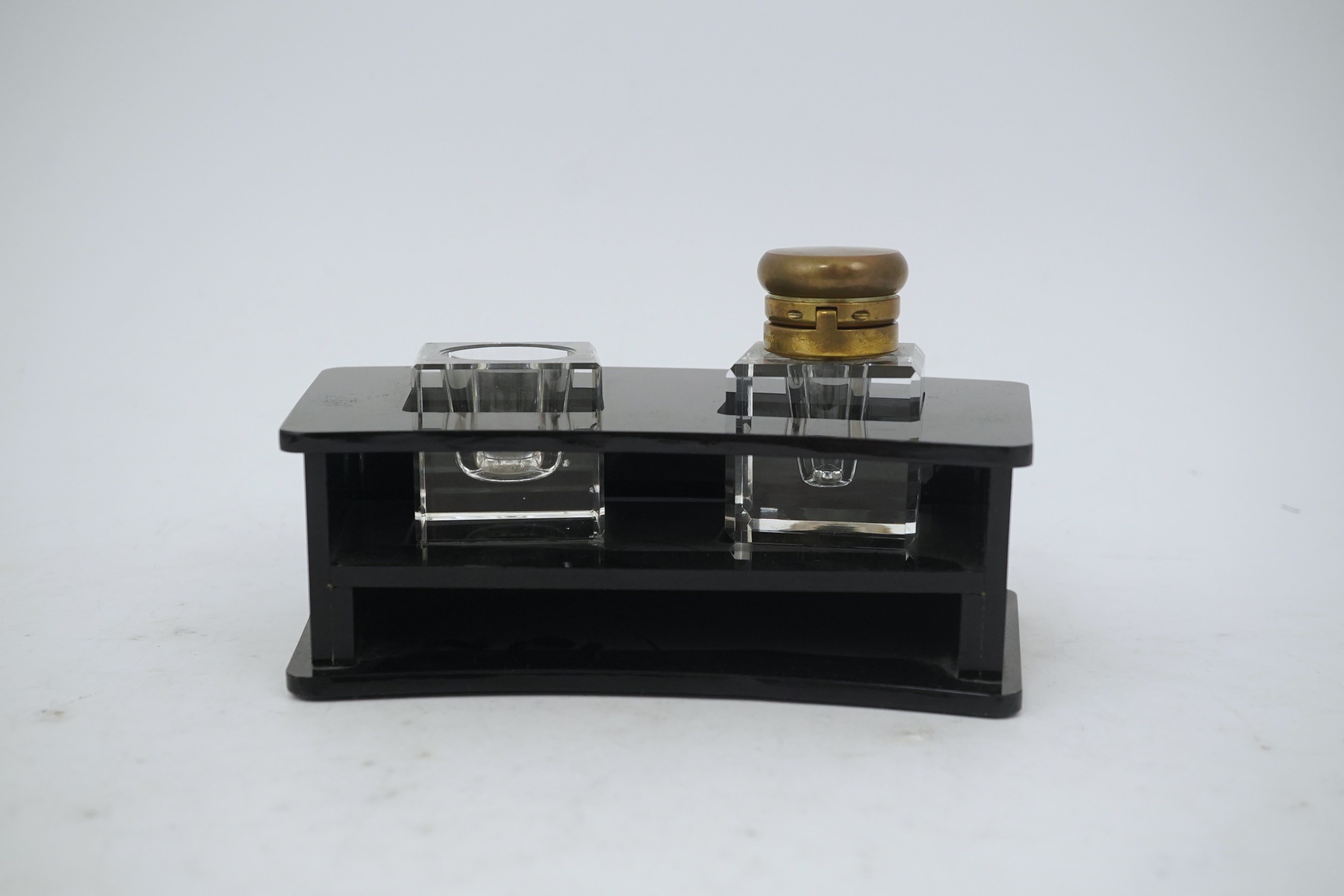 A Montblanc vintage desk set with inkwell and pen wipe